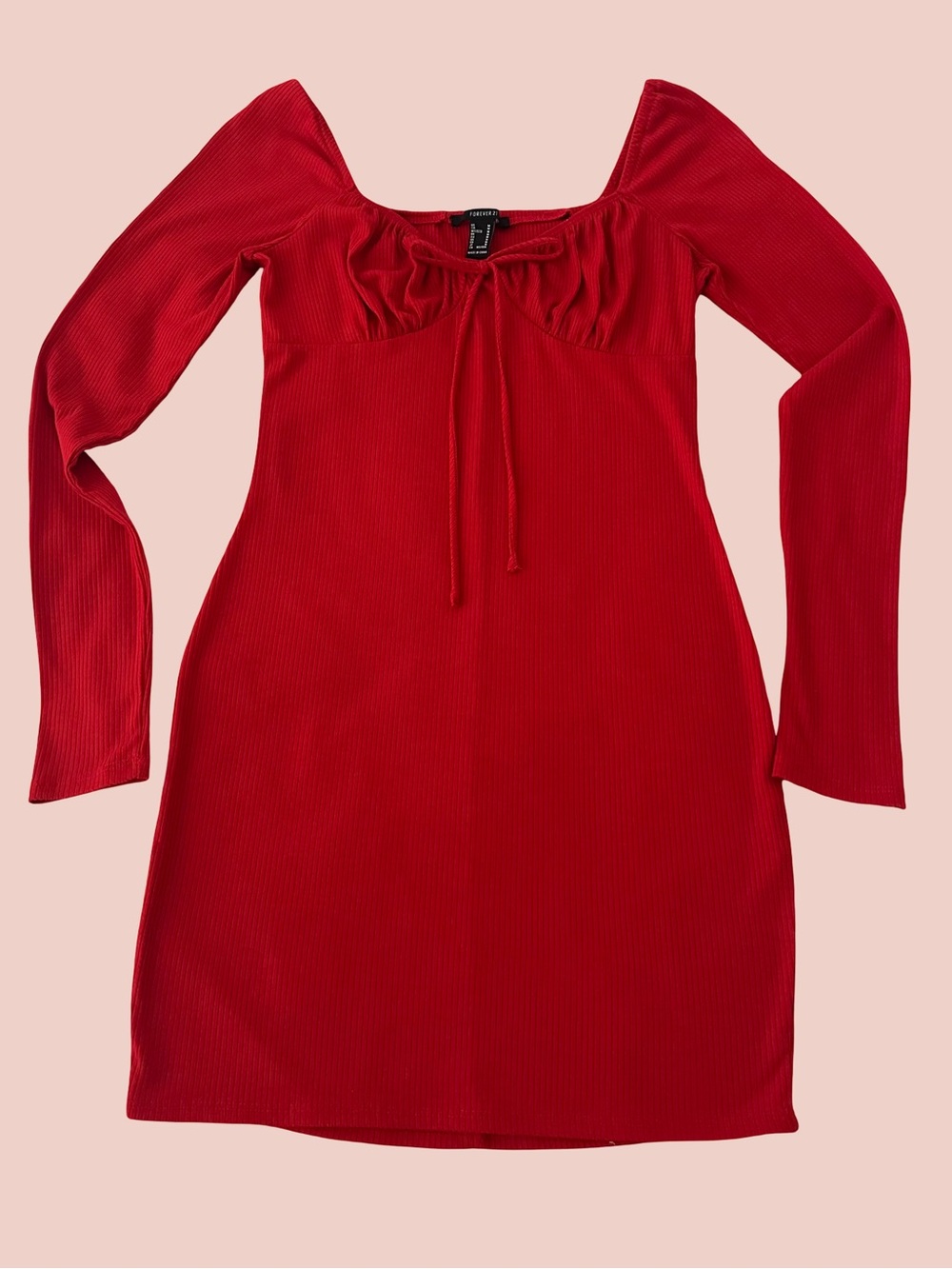 Forever 21 Red Ribbed Long-Sleeve Mini Dress with Tie Neck
